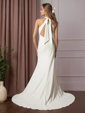 White Sheath Bow Stretch Crepe Wedding Dress