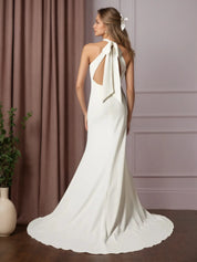 White Sheath Bow Stretch Crepe Wedding Dress