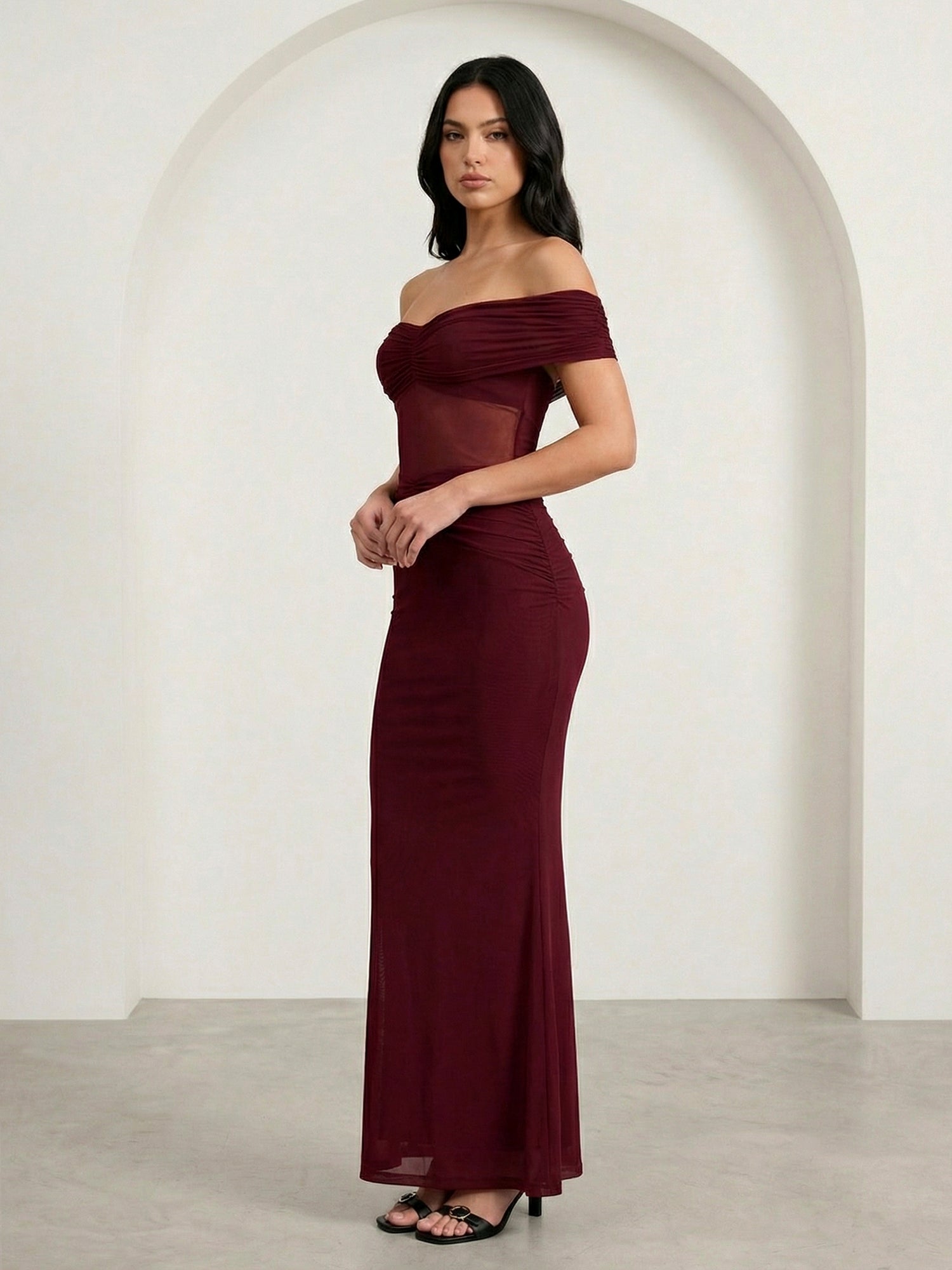 Burgundy Off the Shoulder Mermaid Maxi Dress with Hollowed