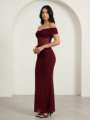 Burgundy Off the Shoulder Mermaid Maxi Dress with Hollowed