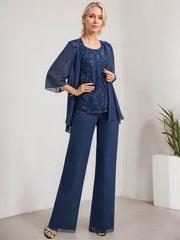 Separates Jumpsuit/Pantsuit Scoop Floor-Length Lace Chiffon Mother of the Bride Dress With Sequins