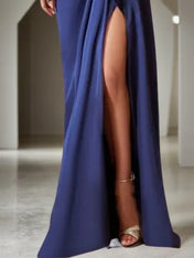 Navy Blue Cut Out Ruched Long Sleeve Slit A-Line Gown Maxi Dress