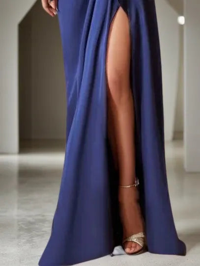 Navy Blue Cut Out Ruched Long Sleeve Slit A-Line Gown Maxi Dress