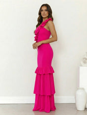 Fuchsia One Shoulder Mermaid Tiered Maxi Dress with 3D Flower