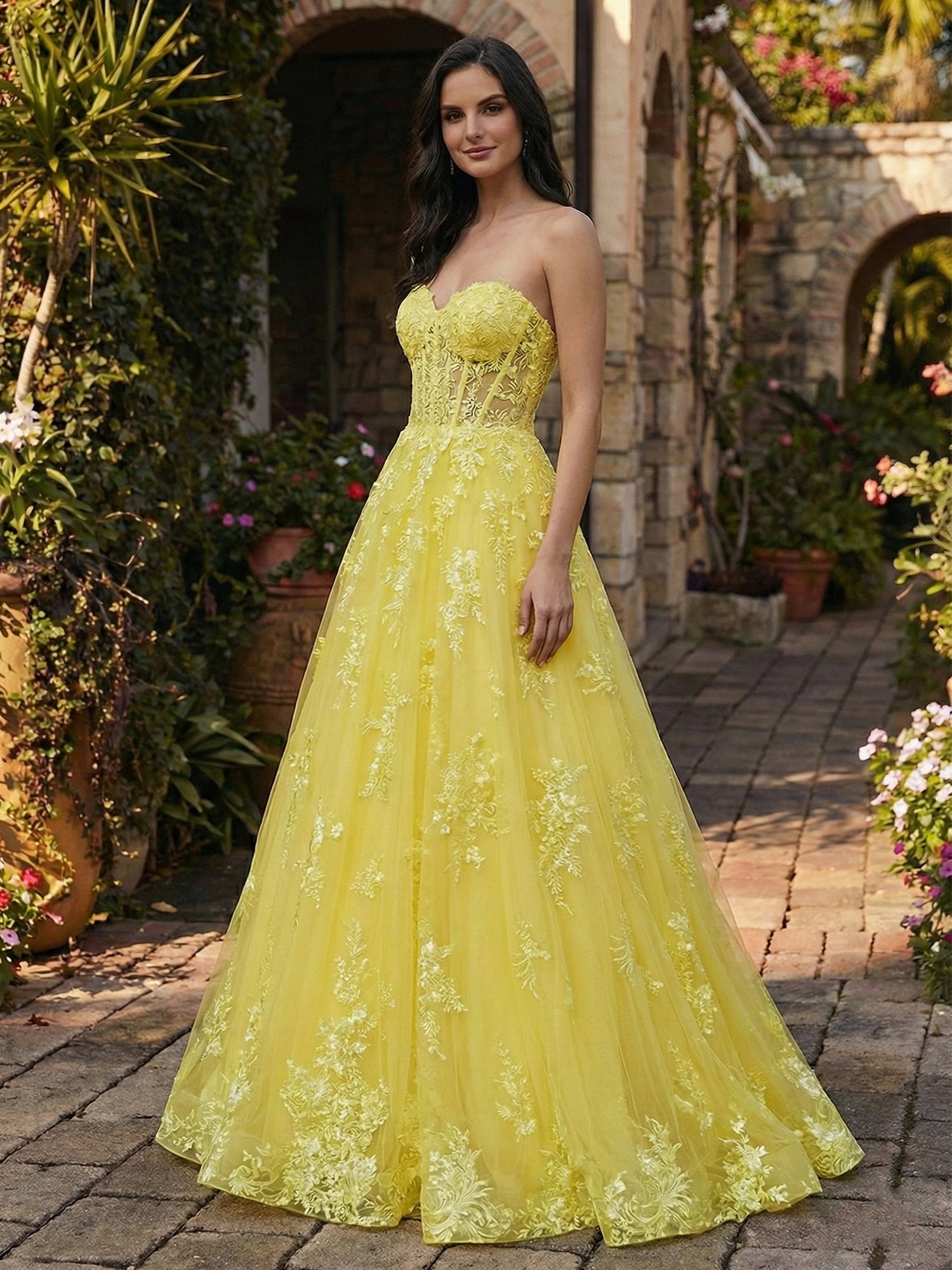 Yellow Strapless Floral Lace Appliques Corset Tulle Prom Dress