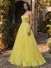 Yellow Strapless Floral Lace Appliques Corset Tulle Prom Dress
