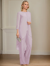 Separates Jumpsuit/Pantsuit Scoop Floor-Length Chiffon Mother of the Bride Dress With Sequins Beading