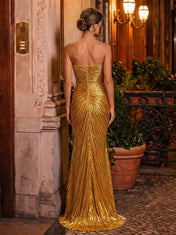 Elegant Metallic Gold Strapless Sweetheart Pleated Sheath Evening Dress with Draped Detail and Short Train