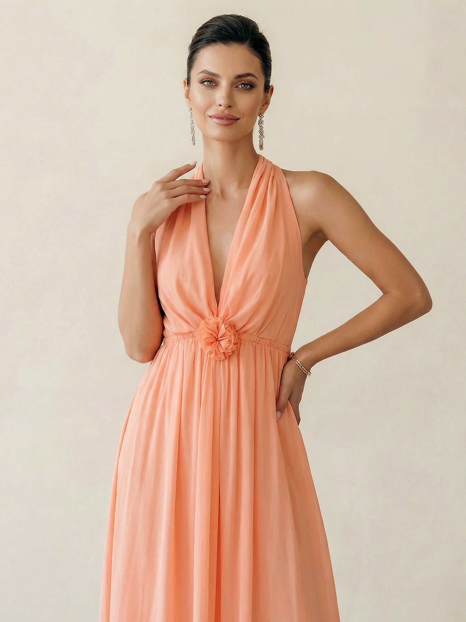 3D Floral Halter Neck Deep-V Chiffon Maxi Dress