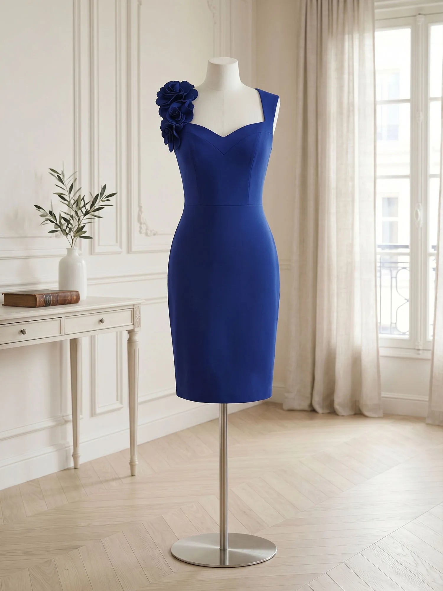Sleeveless Sweetheart Neckline Bodycon Midi Dress with 3D Floral Shoulder Detail