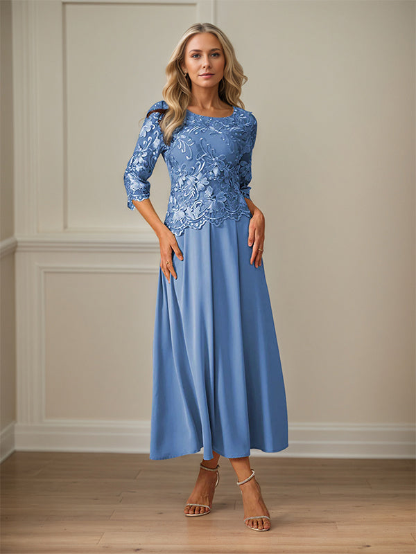Crew Neck  A Line Ruffle Ruched Lace Maxi Dress Mother Of The Bride Dress