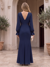 Navy Blue V-Neck Long Sleeve Lace-Paneled Floor-Length Gown Dress