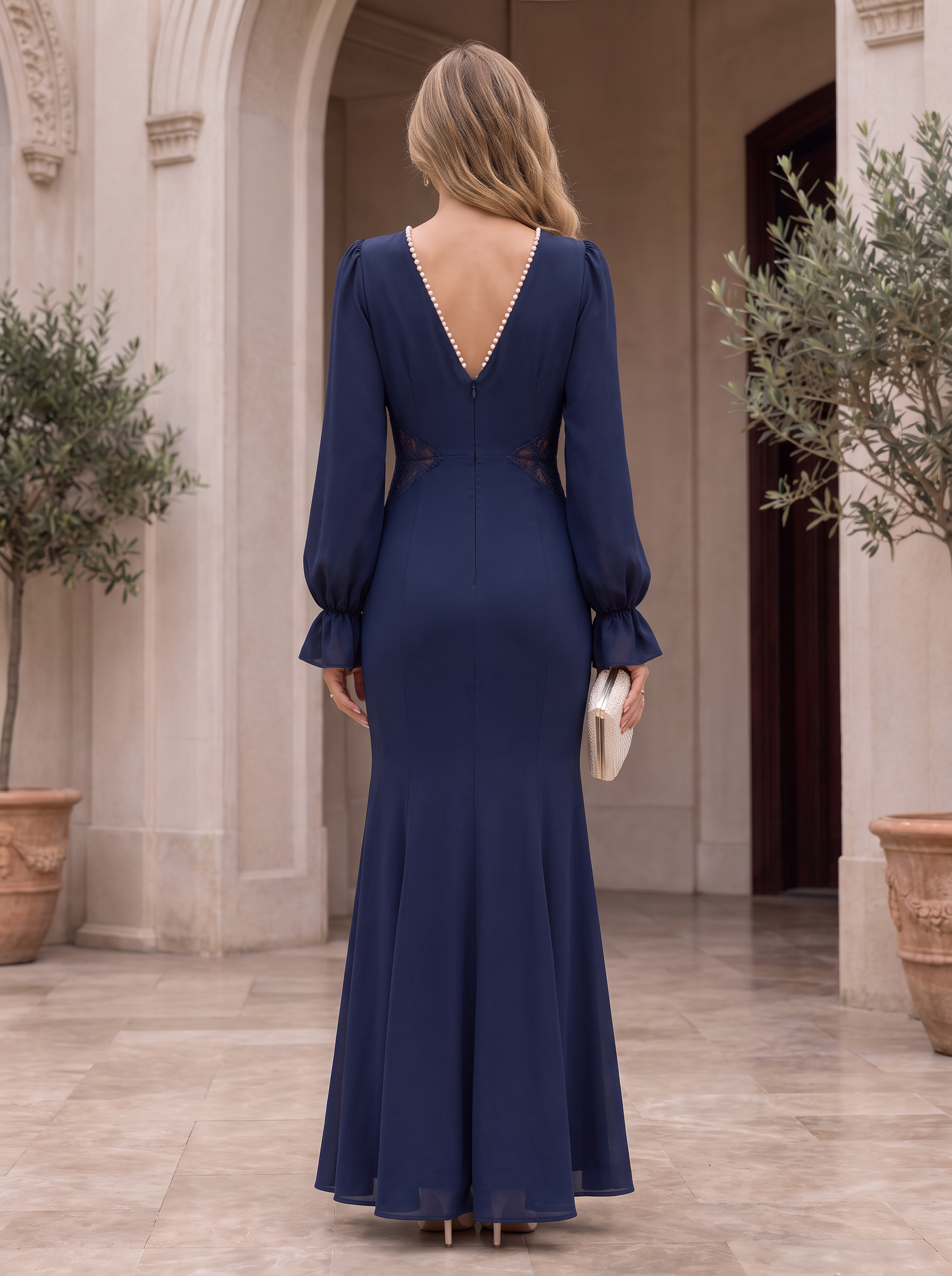 Navy Blue V-Neck Long Sleeve Lace-Paneled Floor-Length Gown Dress