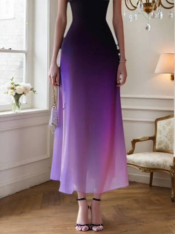 Purple Chiffon Ombre One Shoulder Sleeveless A-Line Maxi Dress