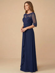 Half Sleeves Lace Applique Scoop Neck Chiffon Mother of the Bride Dress
