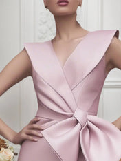 Cocktail Satin Dress Pink V Neck Bow Knee Dress