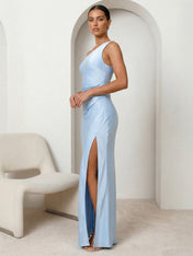 Light Blue One Shoulder Mermaid Long Maxi Dress with Slit