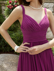 Purple Pleated Chiffon Spaghetti Straps A Line Maxi Bridesmaid Dress