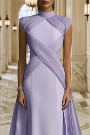 Formal Evening Dress Purple Stand Collar Pleated Train Maxi Gown