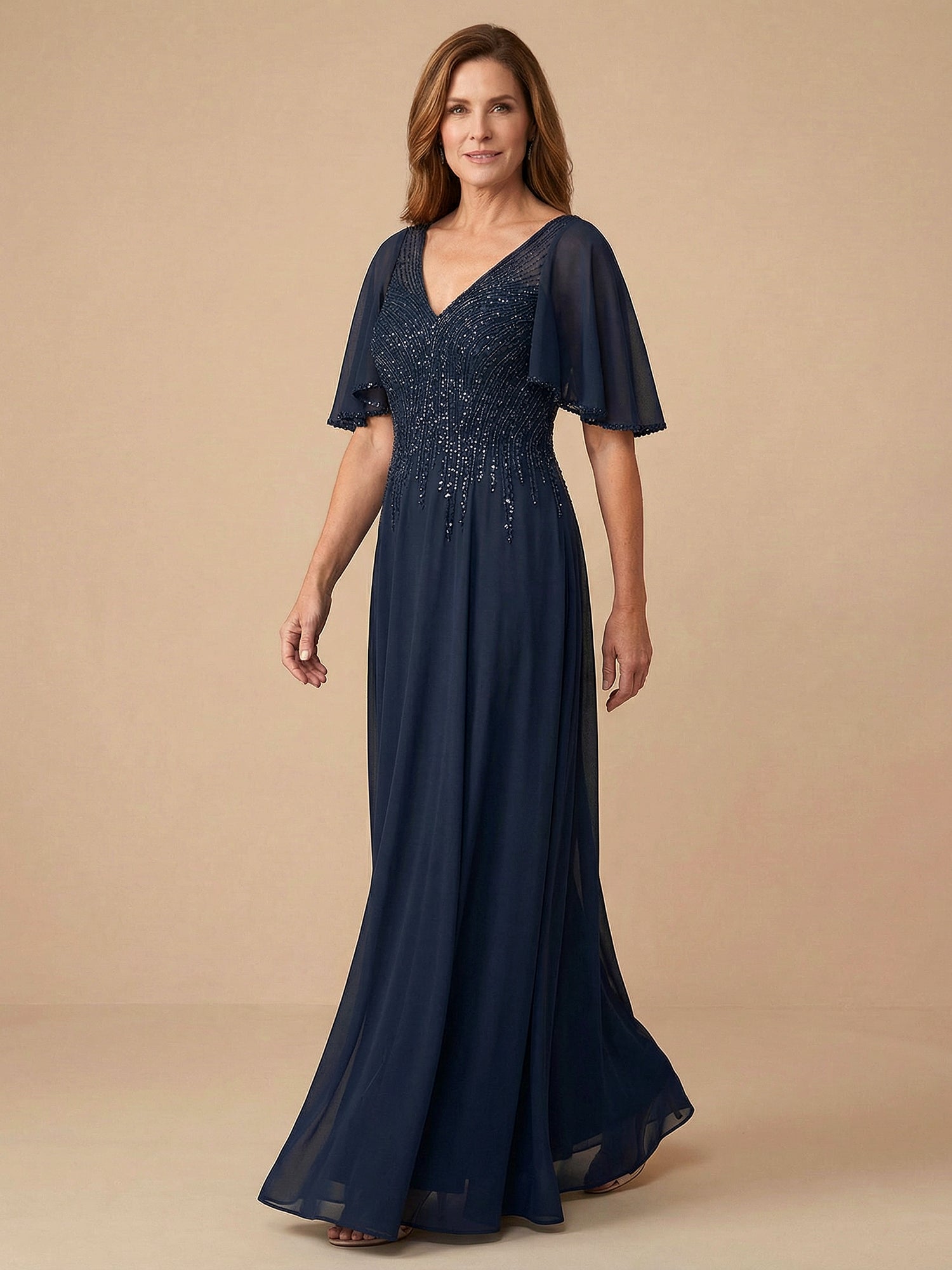 Flare Sleeves Sparky Sequins A Line Chiffon Mother of the Brides Dresses