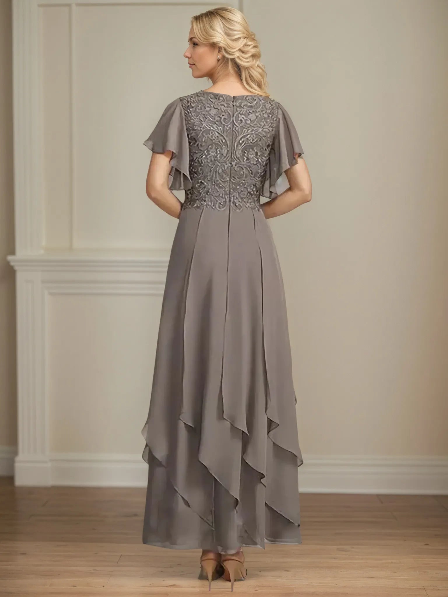 A Line V Neck Short Sleeve Chiffon Mother of the Bride Dress With Ruffles