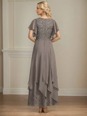A Line V Neck Short Sleeve Chiffon Mother of the Bride Dress With Ruffles