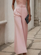 Women Pink Lace Deep V Neck Sleeveless Dressy Jumpsuit