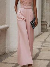 Women Pink Lace Deep V Neck Sleeveless Dressy Jumpsuit