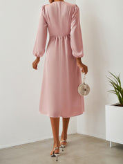 Pink V Neck Long Puff Sleeve A-Line Midi Dress