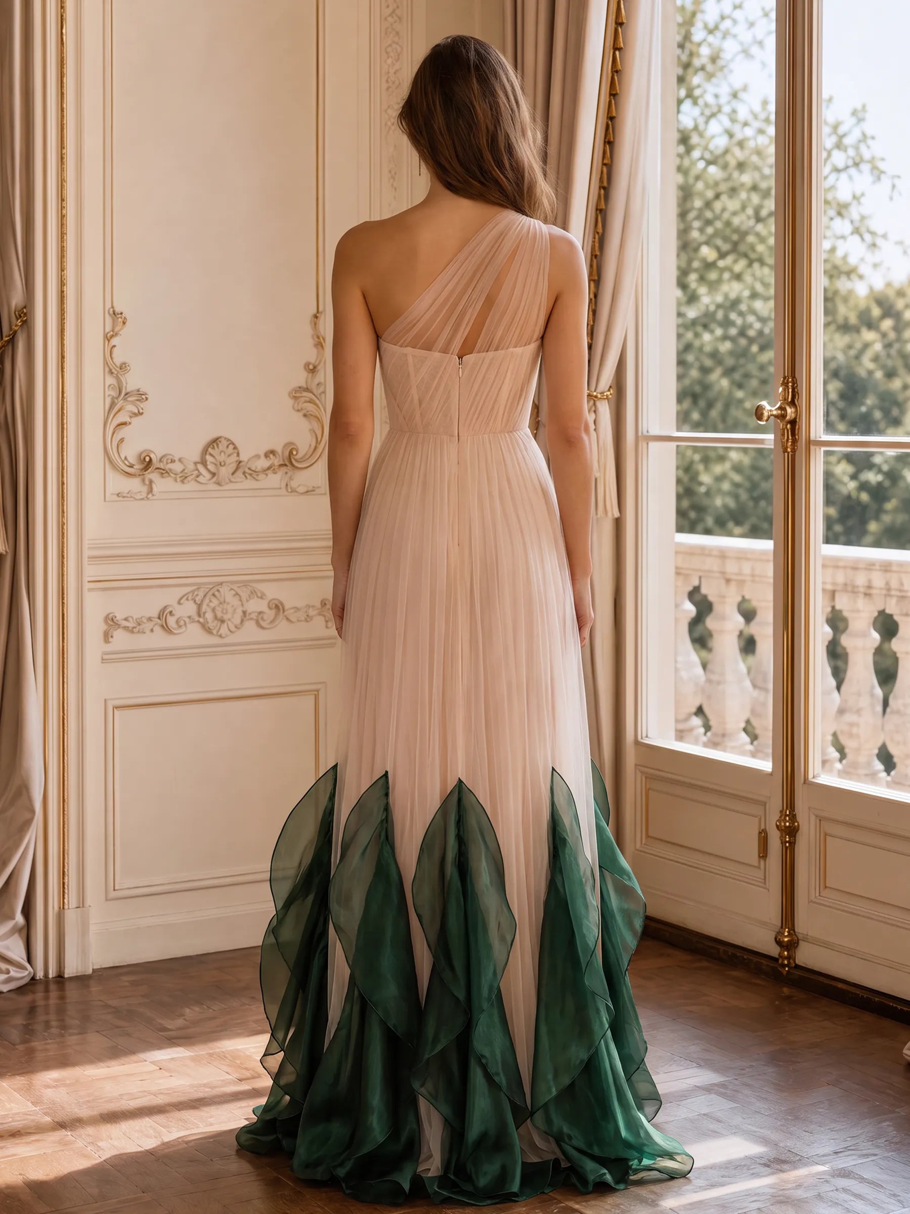 Elegant One-Shoulder Pleated Tulle Evening Dress with Emerald Green Ruffle Hem