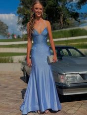 Blue Mermaid Spaghetti Straps V-Neck Rhinestone Long Prom Dress