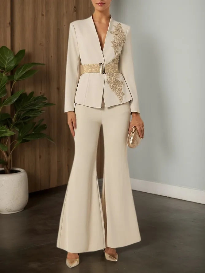 Women Apricot Applique Embroidery Deep V Neck Long Sleeve Dressy Coat With Pants Two-Piece Set