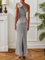 Gray Bow Satin One Shoulder Sleeveless Sheath Gown Bridesmaid Dress