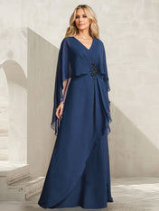 A-line V-Neck Floor-Length Chiffon Mother of the Bride Dress With Cascading Ruffles Beading