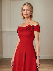 A Line 3D Floral Off the Shoulder Tea Length Mother of the Bride Dress