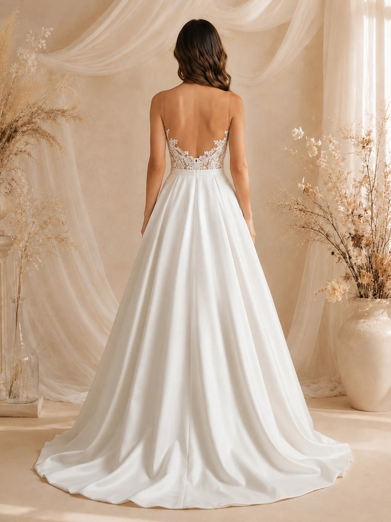Sweetheart Illusion Lace Bodice Satin A-Line Wedding Dress with Chapel Train