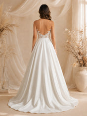 Sweetheart Illusion Lace Bodice Satin A-Line Wedding Dress with Chapel Train