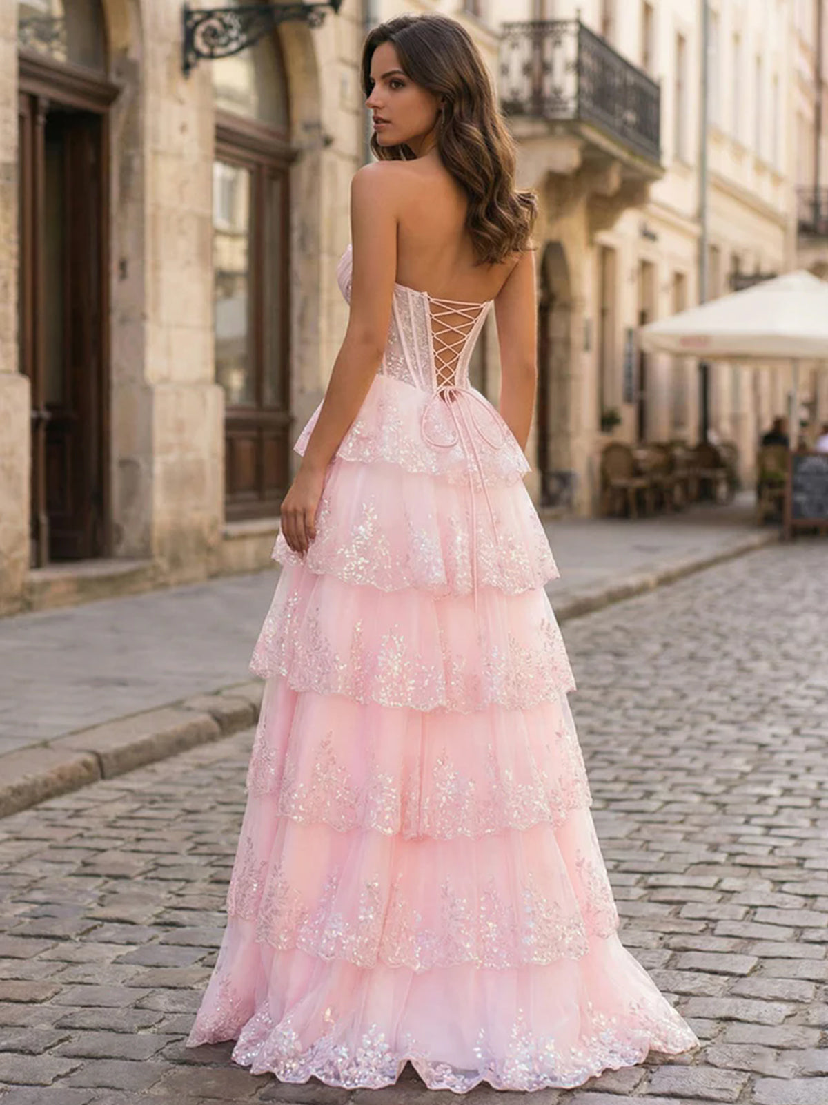 Pink A Line Strapless Sweetheart Tiered Lace Corset Prom Dress