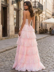 Pink A Line Strapless Sweetheart Tiered Lace Corset Prom Dress