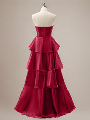 Red A Line Strapless Pleated Tiered Floor Length Ruffle Bridesmaid Dress