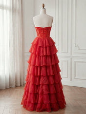 Red Chiffon A-Line Strapless Empire Tiered Long Prom Dress With Slit