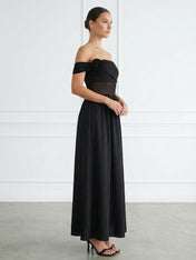 Black Strapless A Line Tiered Maxi Dress with 3D Flower