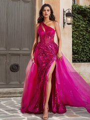 Blue A Line One Shoulder Long Corset Prom Dress With Slit