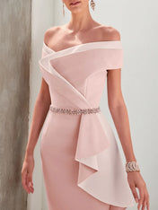Pink Rheinstone Ruffled Off The Shoulder Sheath Midi Dress