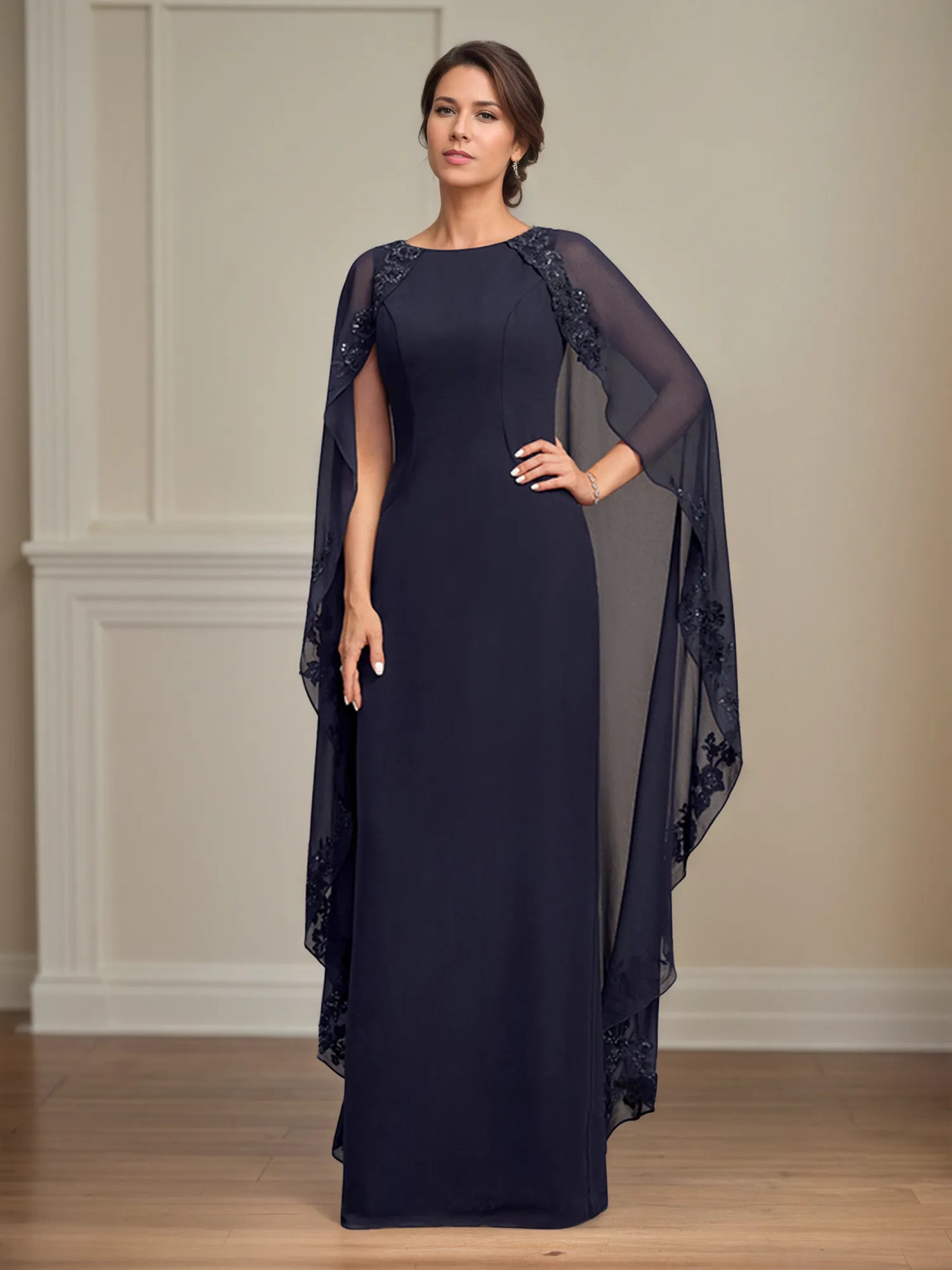 Sheath/Column Scoop Floor Length Chiffon Mother of the Bride Dress With Appliques Sequins
