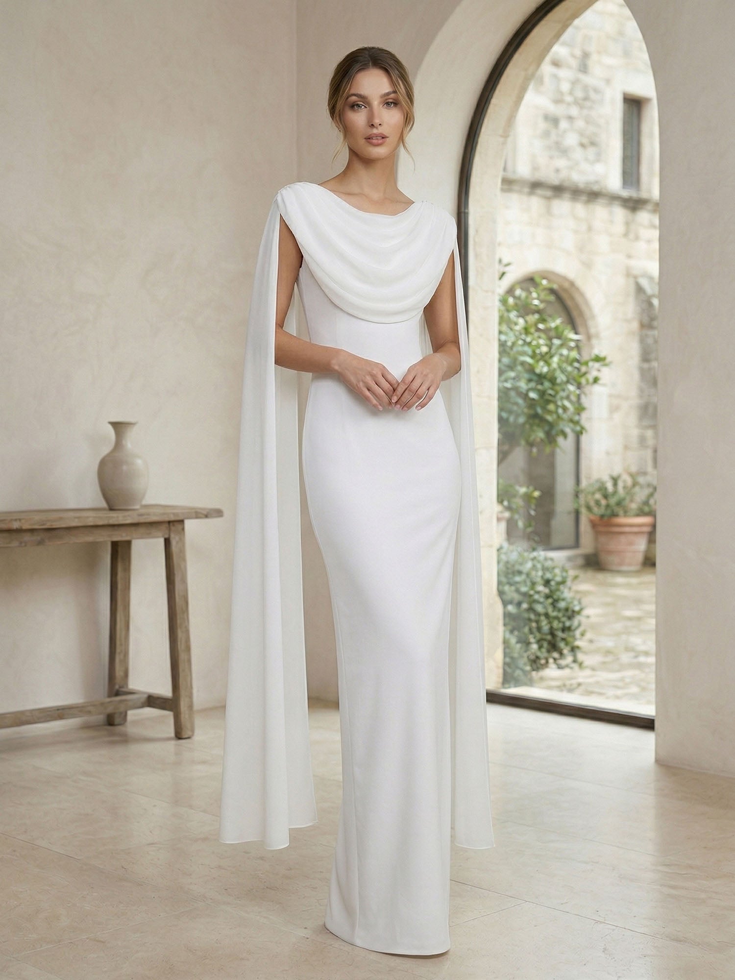 Ivory Draped Cowl Neck Cape Gown Maxi Dress