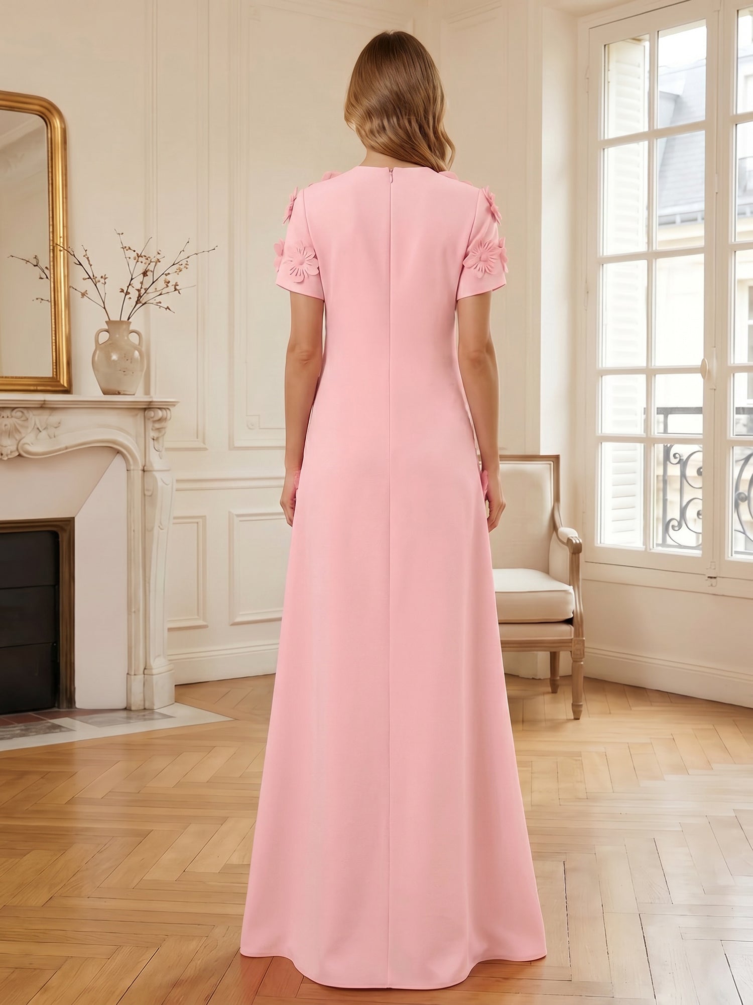 Short Sleeve Crew Neck A-Line Gown with 3D Floral Appliques Evening Dresses