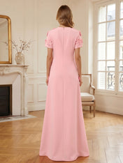 Short Sleeve Crew Neck A-Line Gown with 3D Floral Appliques Evening Dresses