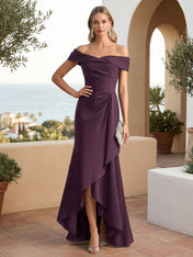 Off the Shoulder Pleat Satin High Low Mermaid Evening Dresses for Women