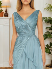 Formal Tiered Layer Dress Blue Sleeveless Pleated V-Neck Maxi Gown